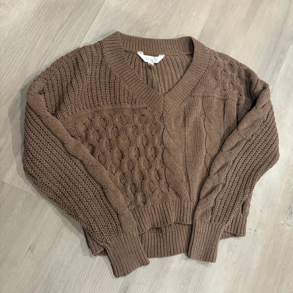 No Boundaries Brown V-Neck Cable & Rib Knit Sweater